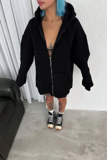 Tam Fermuarlı Cepli Kapüşonlu 3 iplik pamuklu hoodie Sweatshirt - Siyah