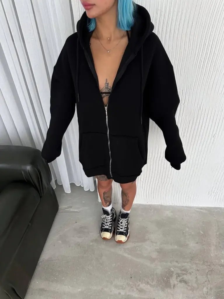 Tam Fermuarlı Cepli Kapüşonlu 3 iplik pamuklu hoodie Sweatshirt - Siyah