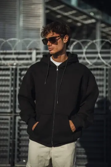 Tam Fermuarlı Cepli Kapüşonlu 3 iplik pamuklu hoodie Sweatshirt - Siyah