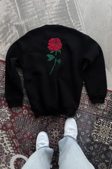 Oversize Kapüşonlu Cepli GÜL Baskılı 3 İplik Pamuklu Hoodie Sweatshirt - Siyah