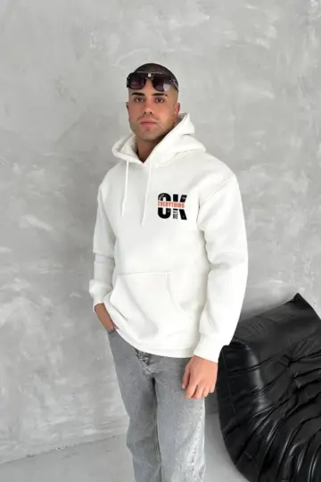 Kapüşonlu Kanguru Cepli Sweatshirt 3 İplik Pamuklu Baskılı Hoodie - Beyaz