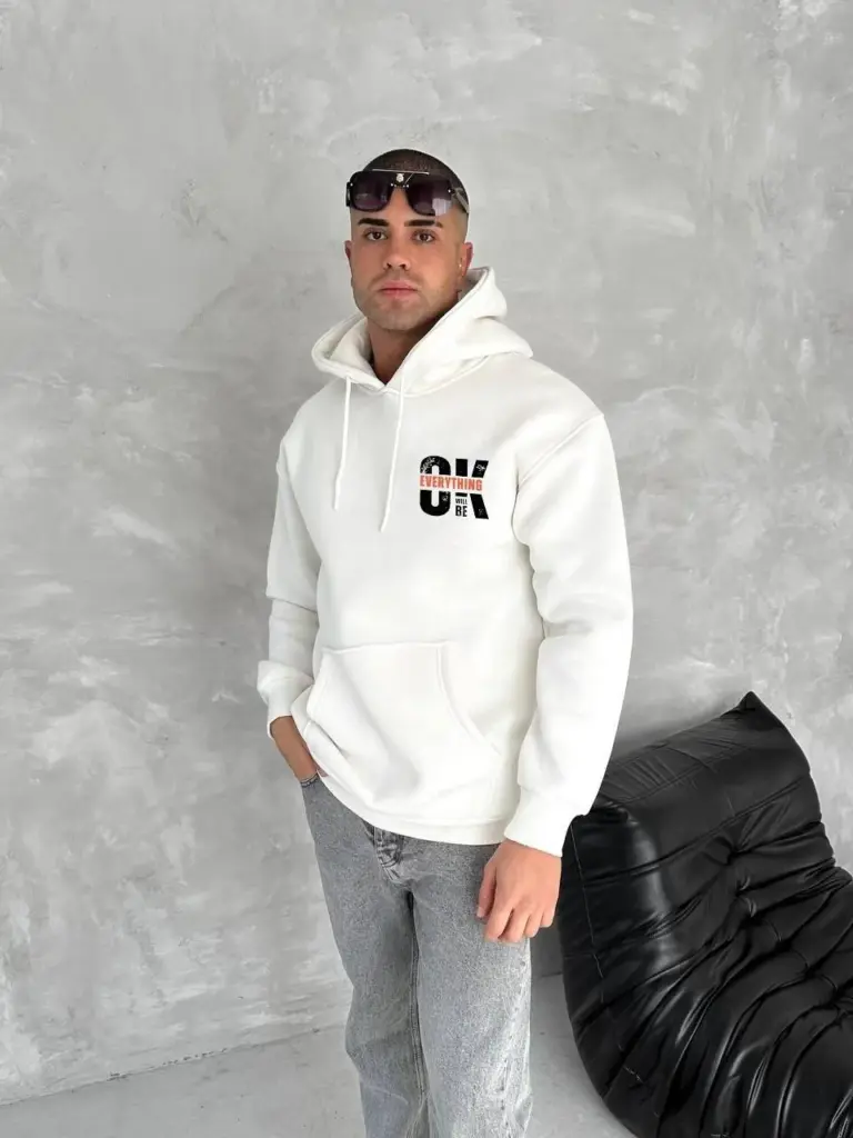Kapüşonlu Kanguru Cepli Sweatshirt 3 İplik Pamuklu Baskılı Hoodie - Beyaz