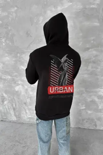 Kapüşonlu Kanguru Cepli Sweatshirt 3 İplik Pamuklu Baskılı Hoodie - Siyah
