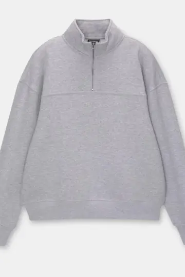 3 İplik Pamuklu Oversize Yarım Fermuarlı Yakalı Basic Sweatshirt - Gri