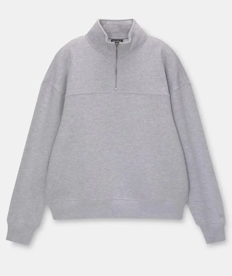3 İplik Pamuklu Oversize Yarım Fermuarlı Yakalı Basic Sweatshirt - Gri