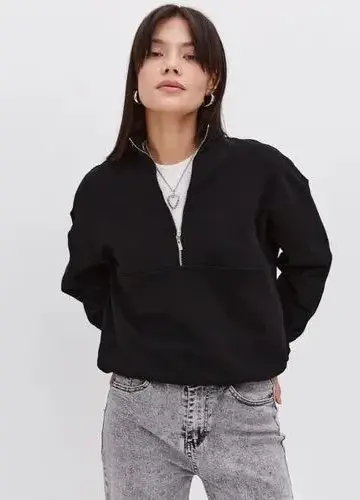 3 İplik Pamuklu Oversize Yarım Fermuarlı Yakalı Basic Sweatshirt - Siyah