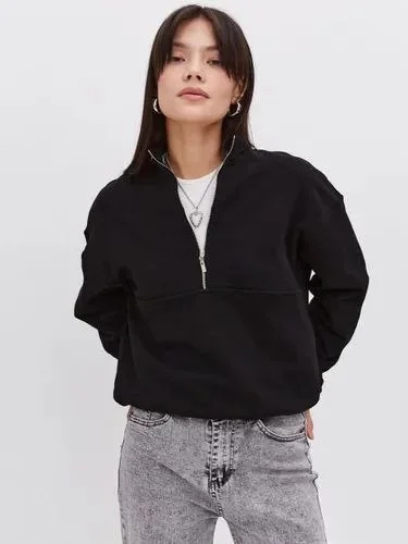 3 İplik Pamuklu Oversize Yarım Fermuarlı Yakalı Basic Sweatshirt - Siyah