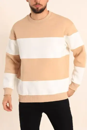 3 iplik pamuklu Parçalı Bisiklet Yaka SweatShirt - Bej