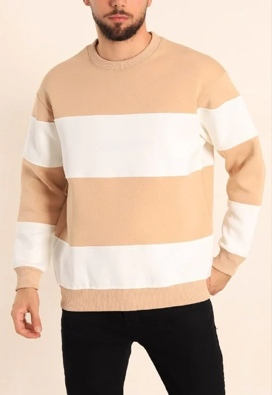 3 iplik pamuklu Parçalı Bisiklet Yaka SweatShirt - Bej