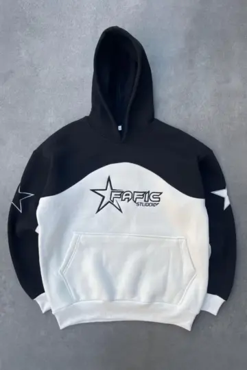 3 İplik Pamuklu Parçalı Nakış İşlemelı Kapüşonlu SweatShirt Hoodie - Siyah