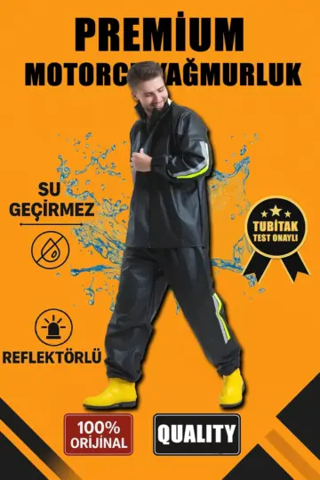 Premium Motorcu Kurye Yağmurluk Takım Su Geçirmez PVC Kumaş Reflektörlü  - Siyah