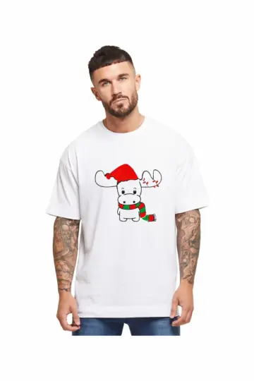 Yılbaşı Tişört Ren Geyiği baskılı Noel İçin T-shirt - Beyaz