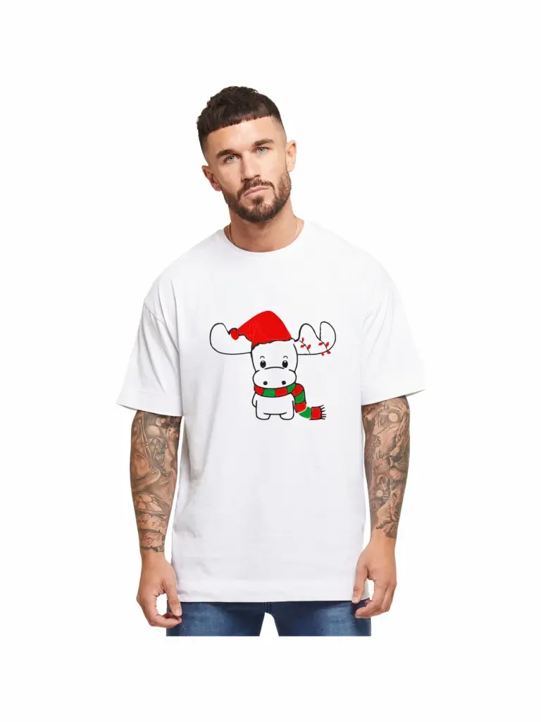 Yılbaşı Tişört Ren Geyiği baskılı Noel İçin T-shirt - Beyaz