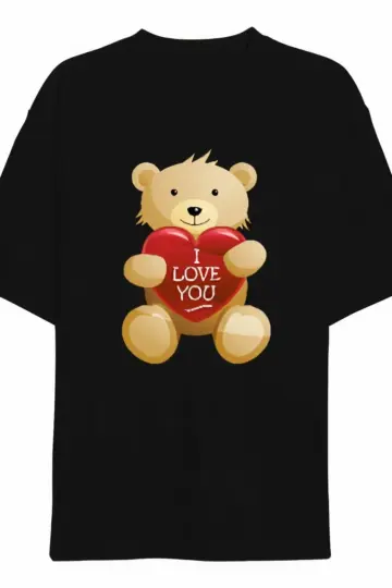 14 Şubat Tişört Sevgililer Günü İçin Özel Tasarım I Love You Ayı Baskılı T-shirt - Siyah