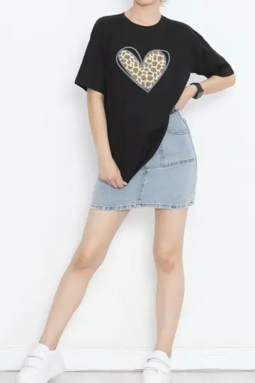 14 Şubat Tişört Sevgililer Günü İçin Özel Tasarım Leopar Kalp Baskılı T-shirt - Siyah