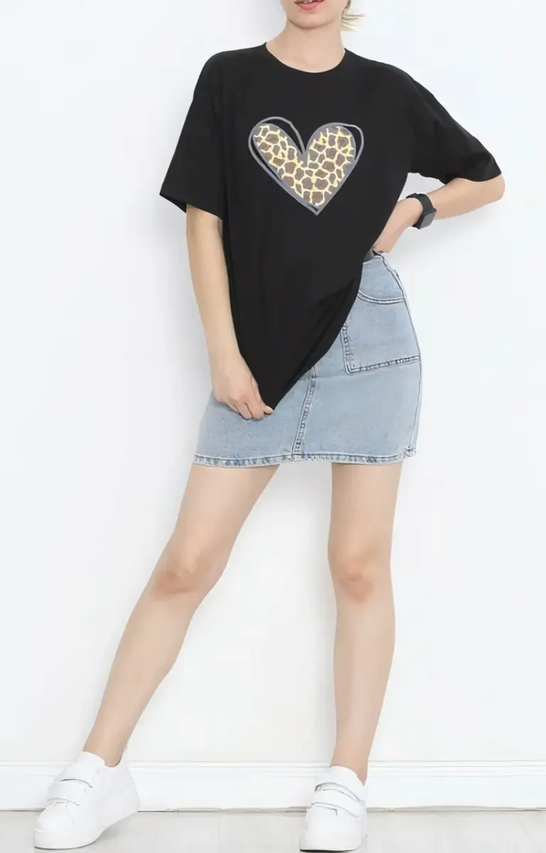 14 Şubat Tişört Sevgililer Günü İçin Özel Tasarım Leopar Kalp Baskılı T-shirt - Siyah