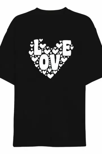 14 Şubat Tişört Sevgililer Günü İçin Özel Tasarım Love Kalp Baskılı T-shirt - Siyah
