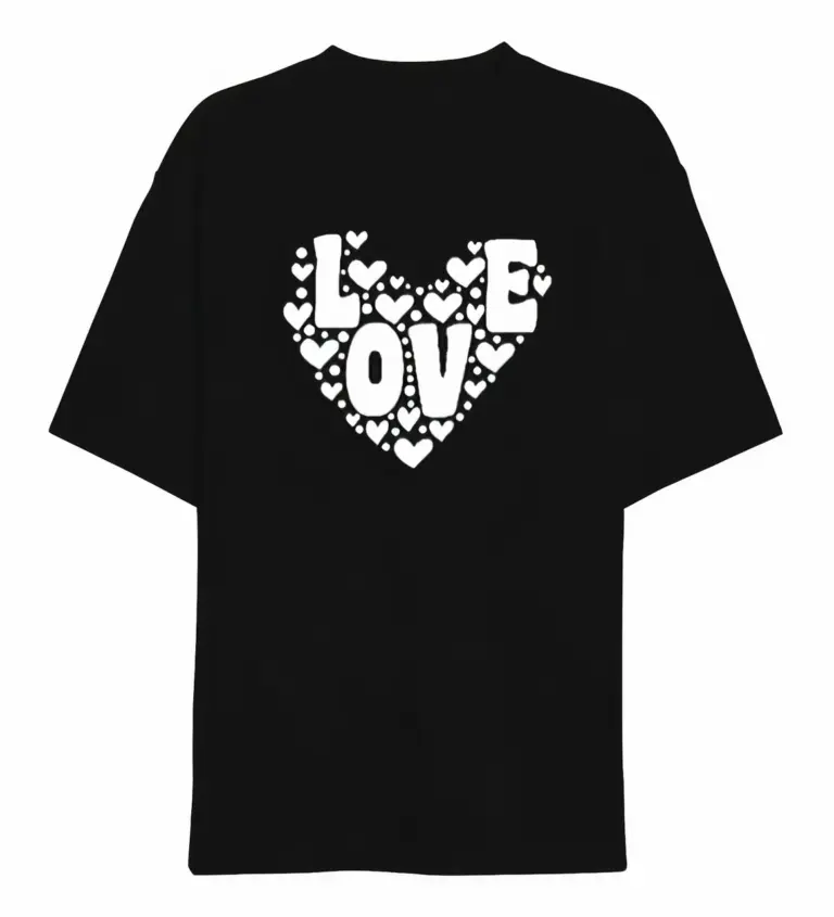 14 Şubat Tişört Sevgililer Günü İçin Özel Tasarım Love Kalp Baskılı T-shirt - Siyah