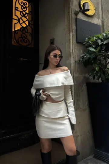 Carmen Yaka Croplu Mini Etekli ikili Alt-Üst Takım Triko - Beyaz