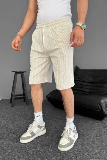 Su Yolu Çizgili Ön Arka Cepli Şort - Bej