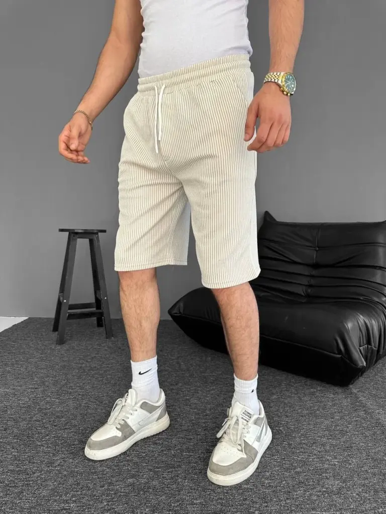 Su Yolu Çizgili Ön Arka Cepli Şort - Bej