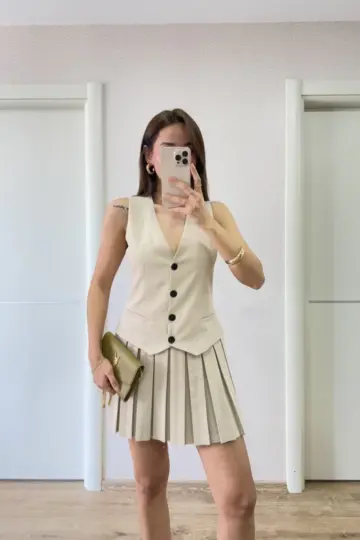 Keten Takım Görünümlü Düğme Detaylı Yelekli Mini Elbise - Bej