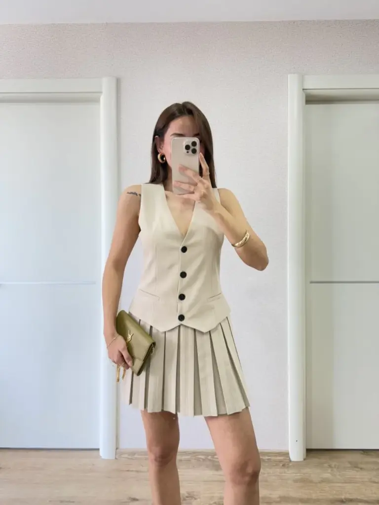 Keten Takım Görünümlü Düğme Detaylı Yelekli Mini Elbise - Bej