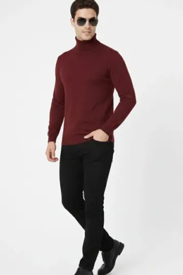 Tam Balıkçı Boğaz Triko Yumuşak Dokulu Pamuklu Uzun Kollu Kazak - Bordo