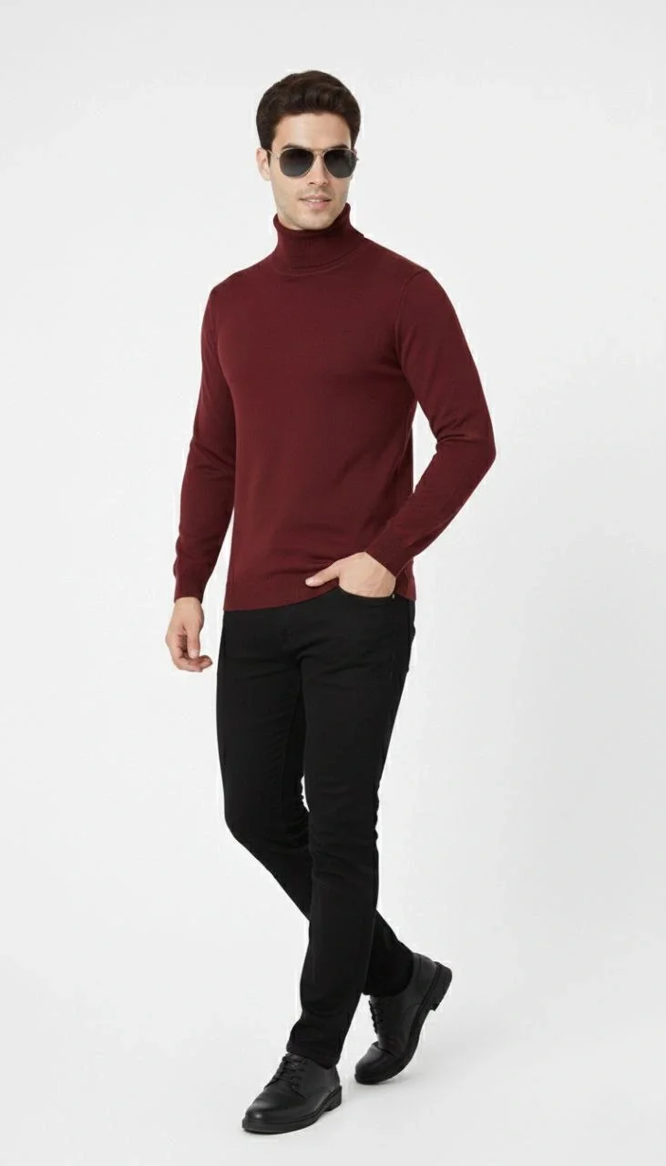 Tam Balıkçı Boğaz Triko Yumuşak Dokulu Pamuklu Uzun Kollu Kazak - Bordo