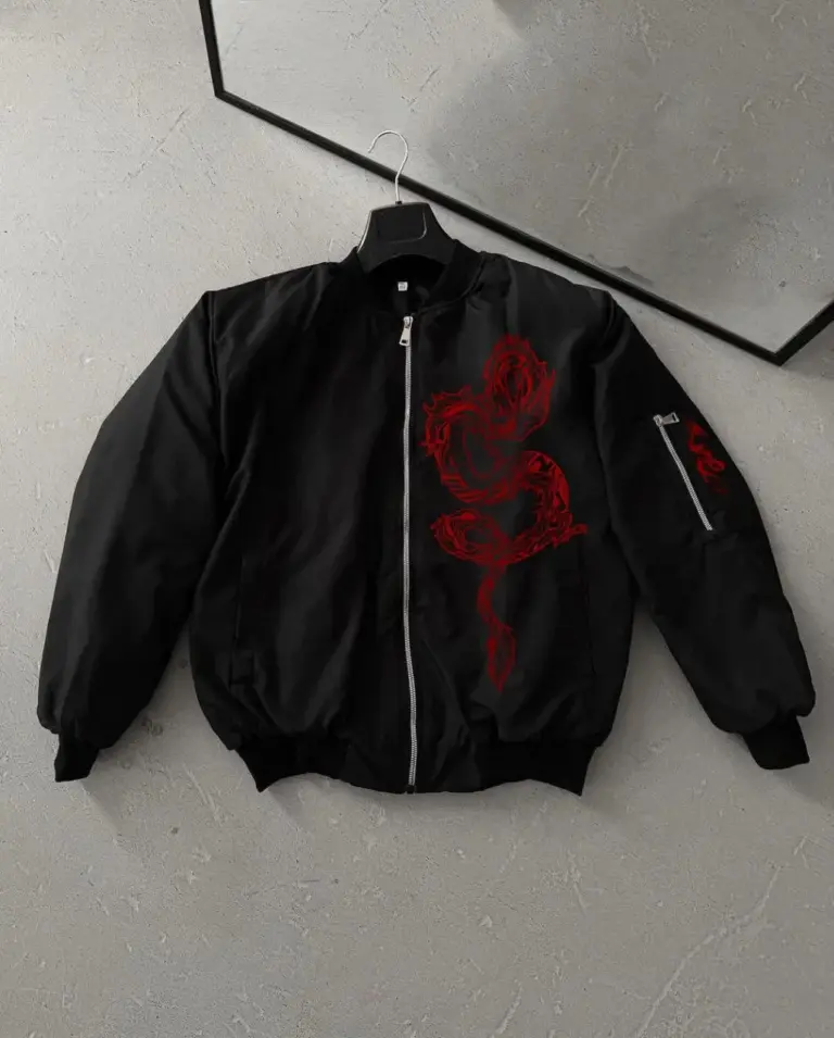 Siyah Bomber Mont Kırmızı Ejderha Desenli Fermuarlı Cepli Kapitone Astarlı - Siyah