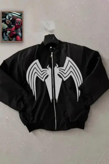 Siyah Bomber Mont Venom Beyaz Örümcek Logolu Fermuarlı Cepli Kapitone - Siyah