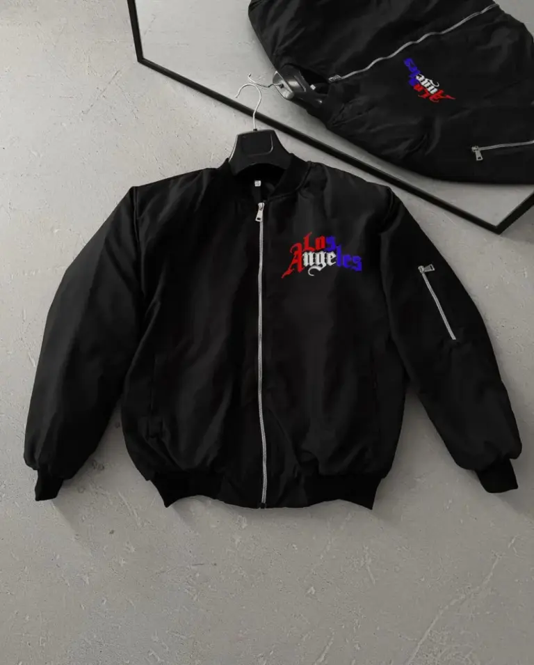 Los Angeles Siyah Bomber Mont Fermuarlı Cepli Kapitone Astarlı Ceket - Siyah