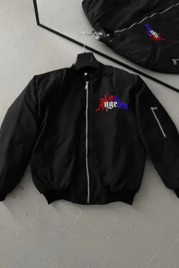 Los Angeles Siyah Bomber Mont Fermuarlı Cepli Kapitone Astarlı Ceket - Siyah