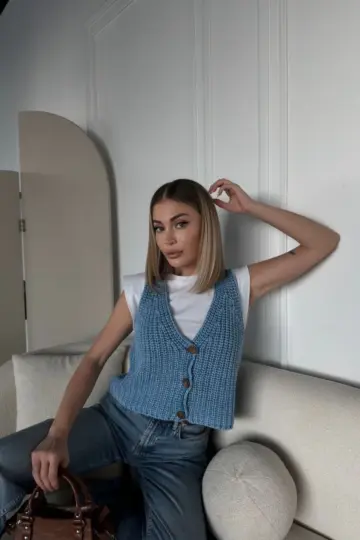 Triko Kolsuz dokuma Düğmeli Yelek - Mavi