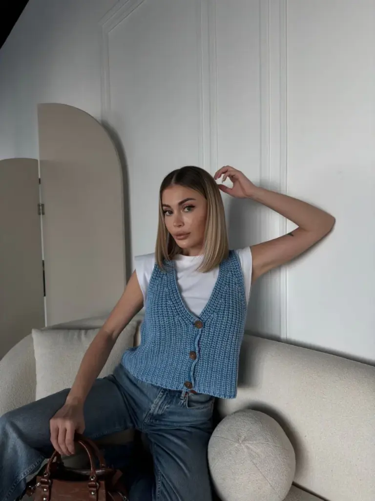 Triko Kolsuz dokuma Düğmeli Yelek - Mavi