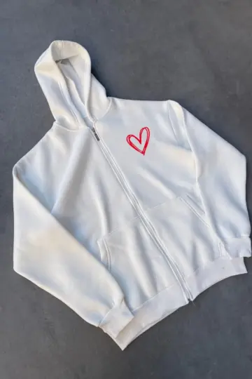 3 İplik Pamuklu Fermuarlı Kapüşonlu Sweatshirt hoodie Hırka - Beyaz