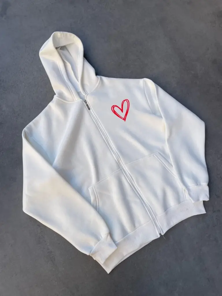 3 İplik Pamuklu Fermuarlı Kapüşonlu Sweatshirt hoodie Hırka - Beyaz