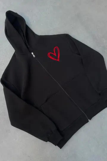 3 İplik Baskılı Fermuarlı Kapüşonlu Hırka - Siyah