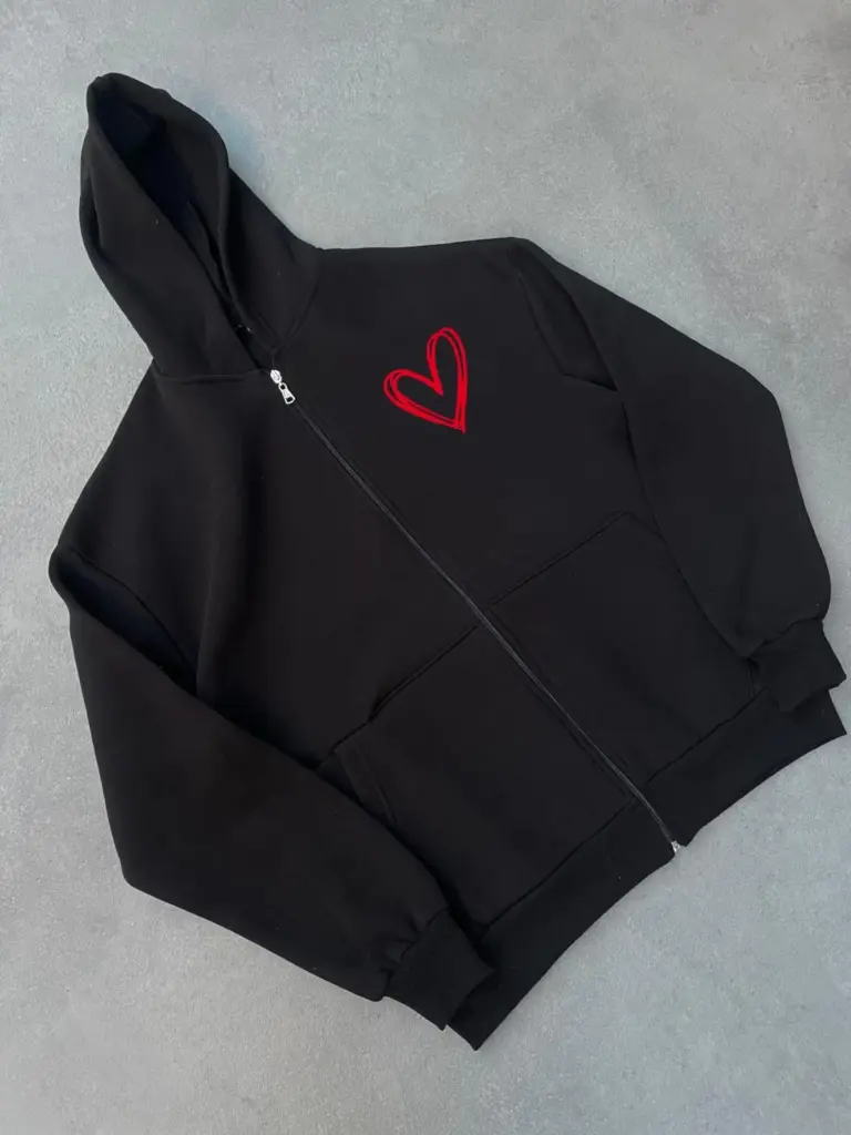 3 İplik Baskılı Fermuarlı Kapüşonlu Hırka - Siyah