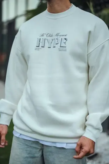 3 İplik Pamuklu Bisiklet Yaka Baskılı SweatShirt - Beyaz