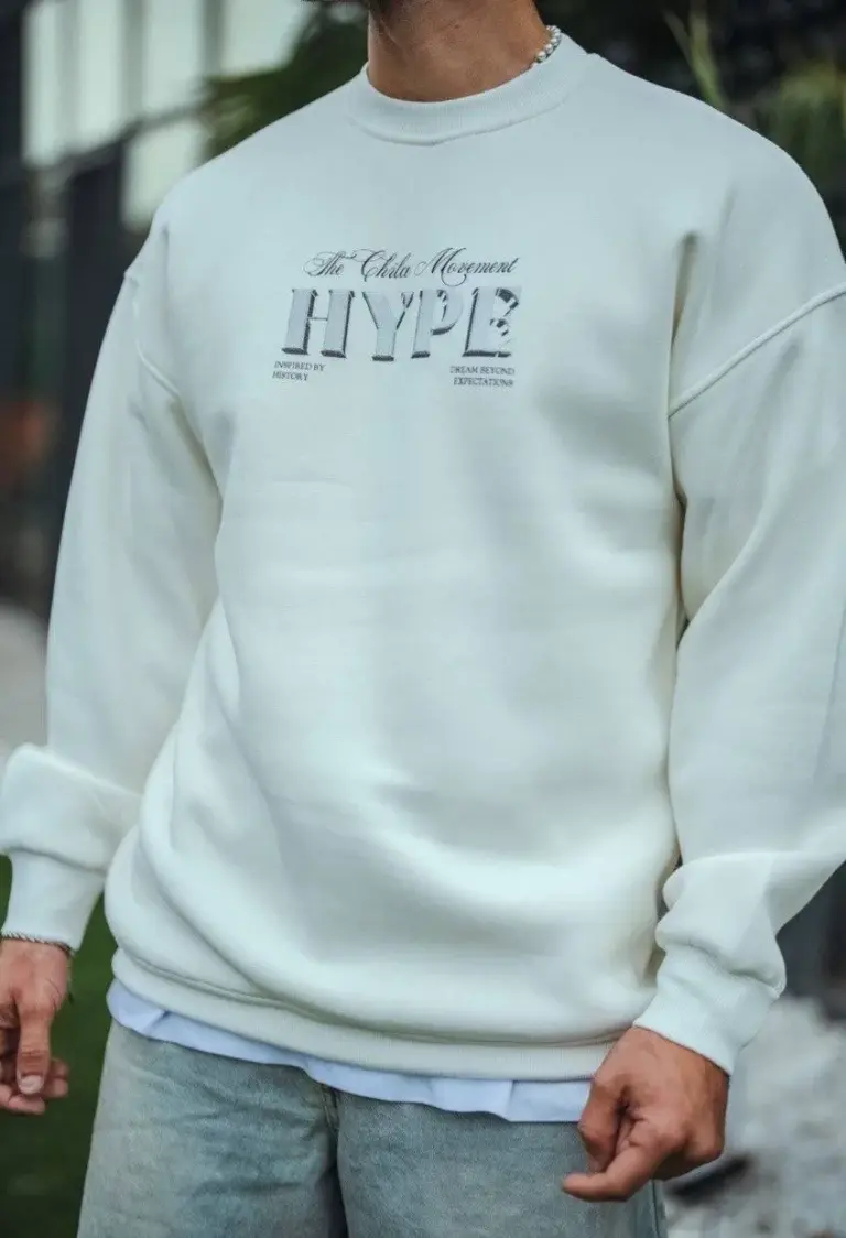 3 İplik Pamuklu Bisiklet Yaka Baskılı SweatShirt - Beyaz