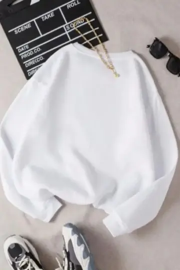 3 İplik Pamuklu Bisikilet Yaka SweatShirt - Beyaz