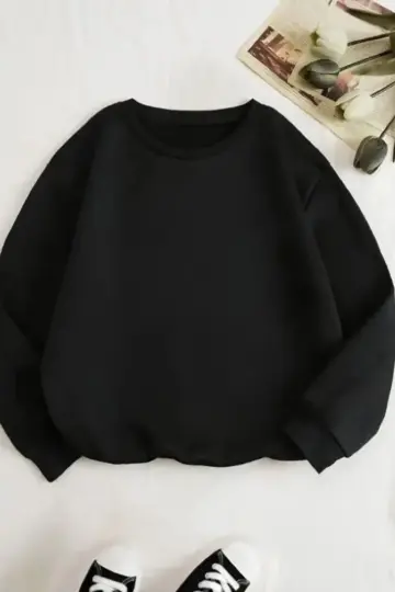 3 İplik Pamuklu Bisikilet Yaka SweatShirt - Siyah