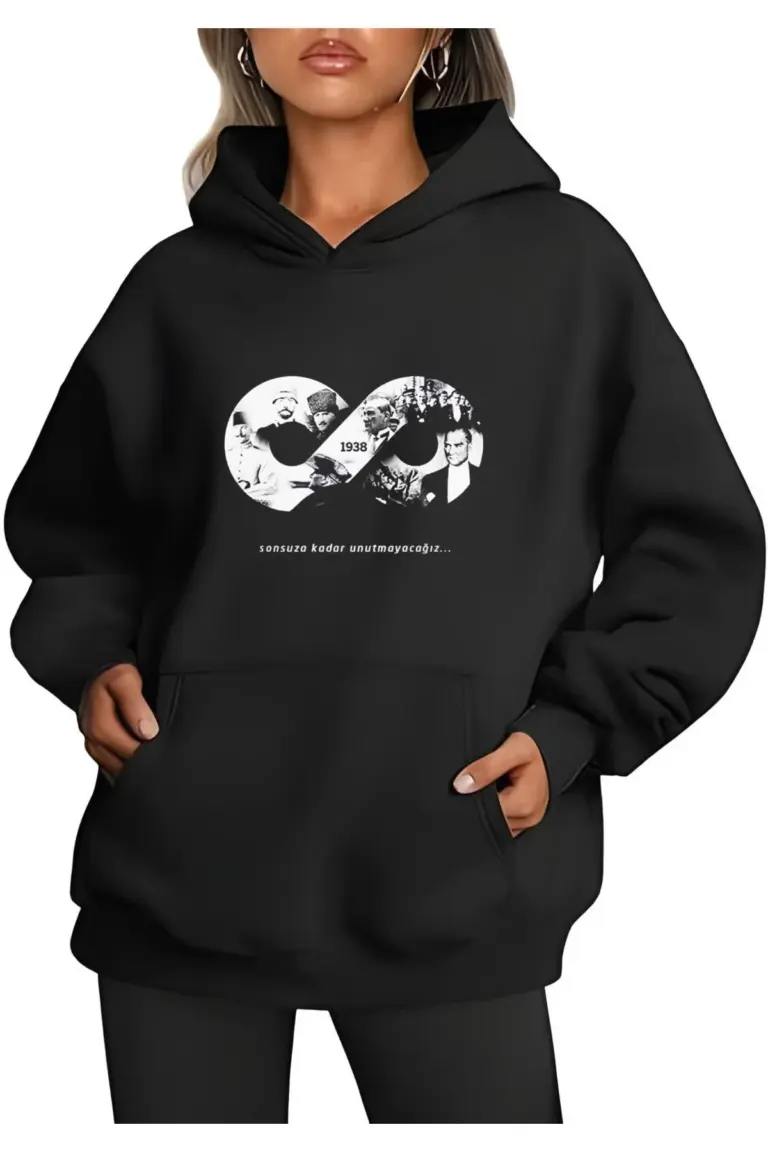 3 iplik Pamuklu Cepli Kapüşonlu 10 Kasıma Özel SweatShirt Hoodie - Siyah