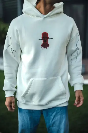 Kapüşonlu Kanguru Cepli Sweatshirt 3 İplik Pamuklu Baskılı Hoodie -  Beyaz
