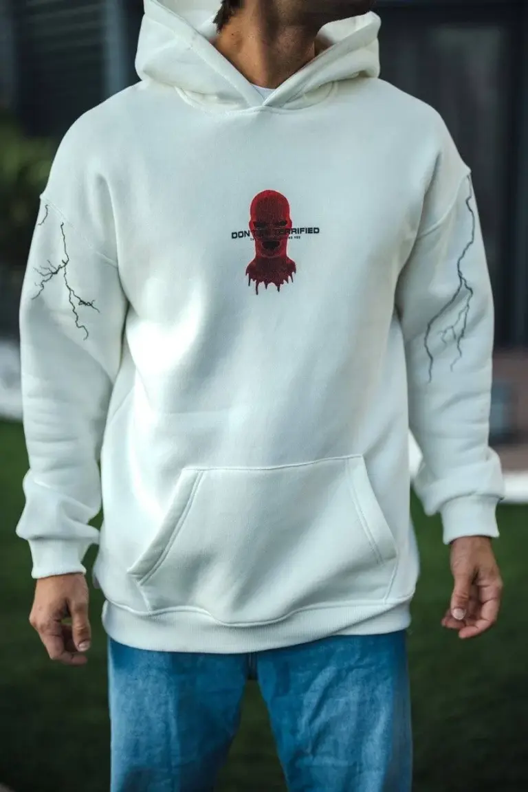 Kapüşonlu Kanguru Cepli Sweatshirt 3 İplik Pamuklu Baskılı Hoodie -  Beyaz