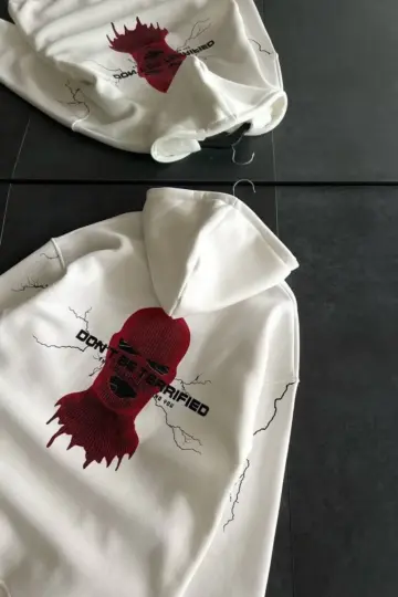 Kapüşonlu Kanguru Cepli Sweatshirt 3 İplik Pamuklu Baskılı Hoodie - Beyaz