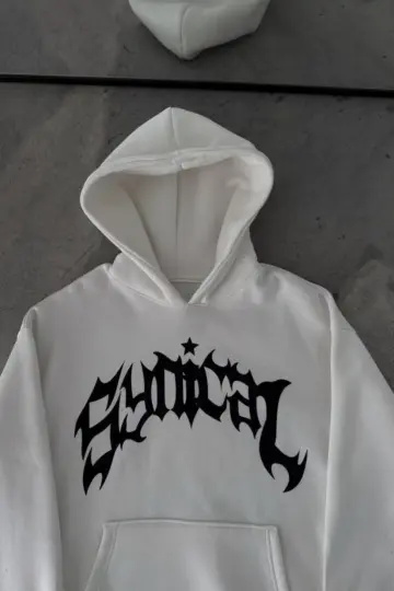 Kapüşonlu Kanguru Cepli Sweatshirt 3 İplik Pamuklu Baskılı Hoodie -  Beyaz