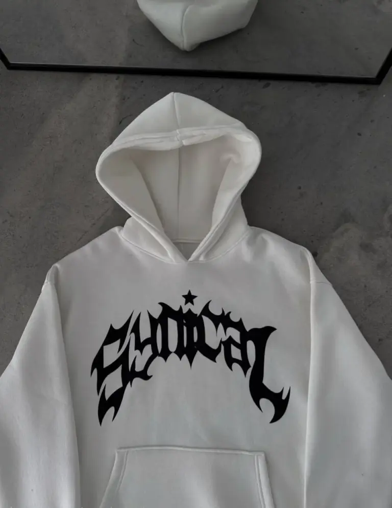 Kapüşonlu Kanguru Cepli Sweatshirt 3 İplik Pamuklu Baskılı Hoodie -  Beyaz