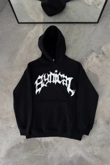 Kapüşonlu Kanguru Cepli Sweatshirt 3 İplik Pamuklu Baskılı Hoodie - Siyah